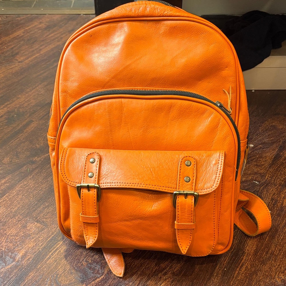 Men's Orange Leather Backpack - Sleek Everyday Carry
